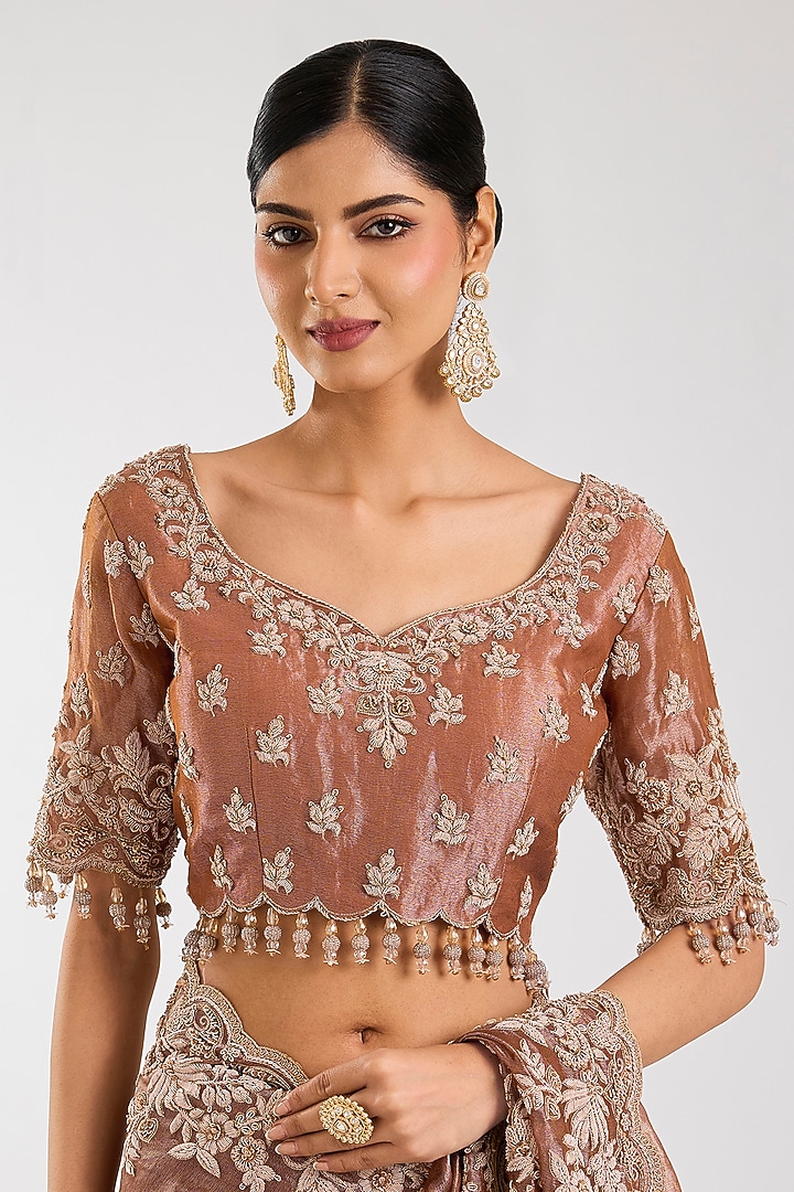 Deep Gold Tissue Embroidered Bridal Saree Set by Kalighata at Pernia's Pop Up Shop