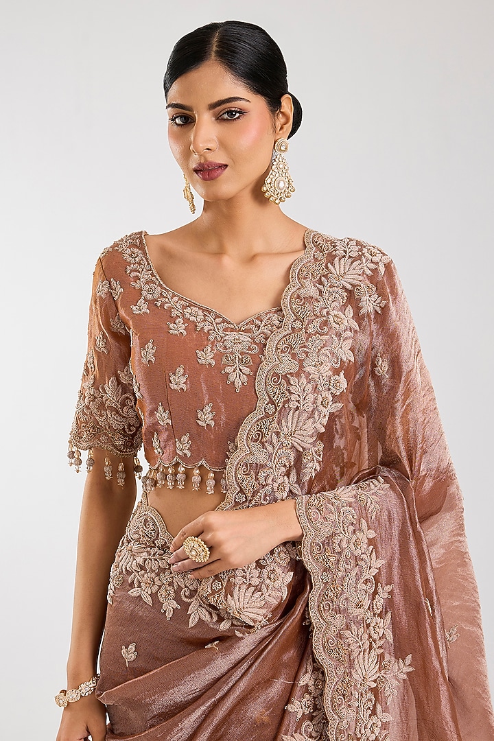 Deep Gold Tissue Embroidered Bridal Saree Set by Kalighata at Pernia's Pop Up Shop