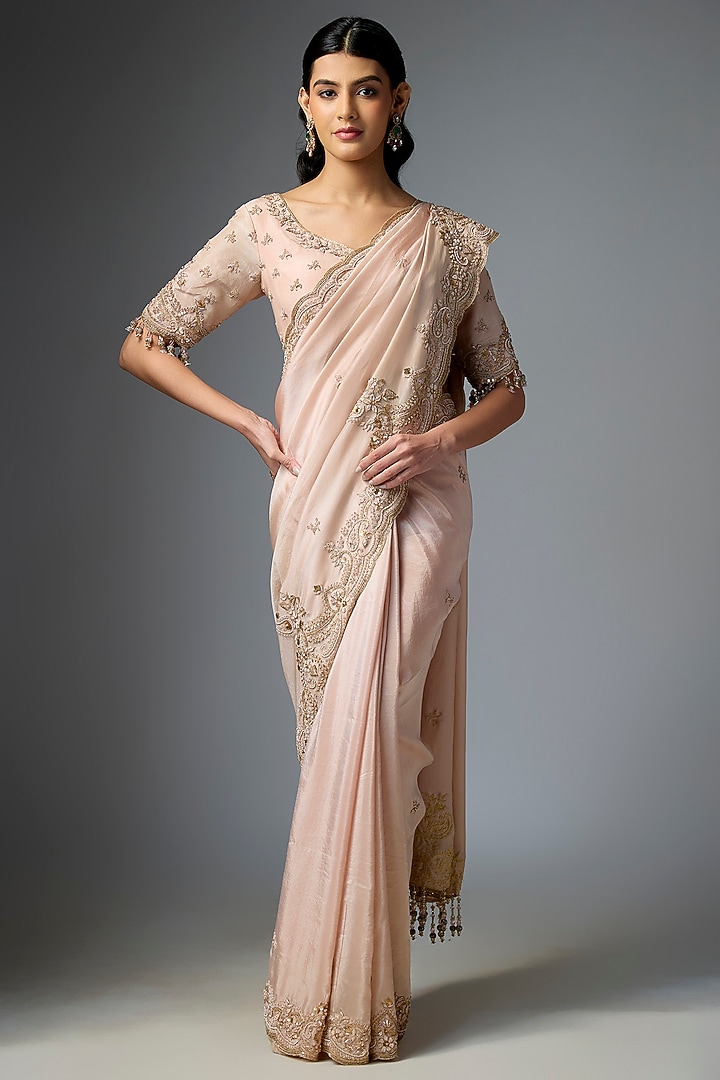 Deep Gold Tissue Embroidered Reception Saree Set by Kalighata at Pernia's Pop Up Shop