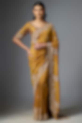 Gold Tissue Embroidered Reception Saree Set by Kalighata at Pernia's Pop Up Shop