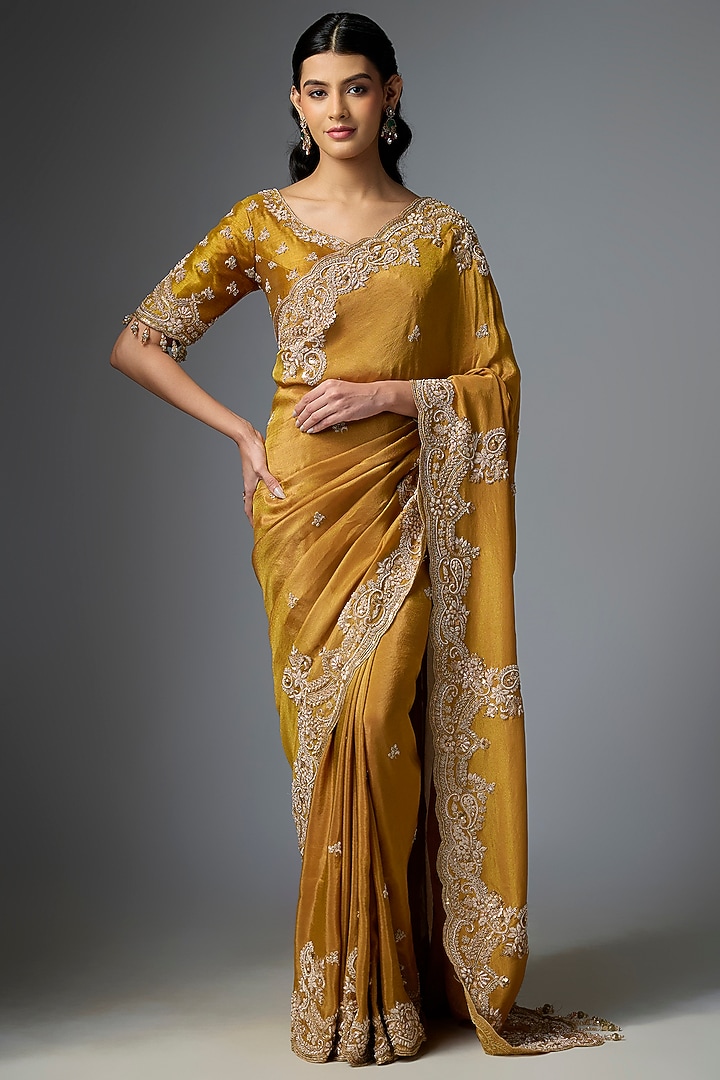 Gold Tissue Embroidered Reception Saree Set by Kalighata at Pernia's Pop Up Shop