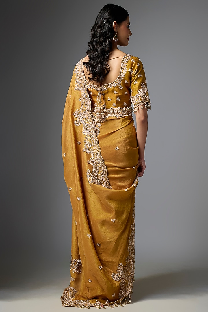 Gold Tissue Embroidered Reception Saree Set by Kalighata at Pernia's Pop Up Shop