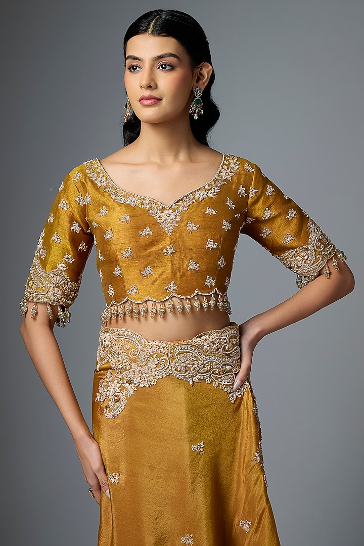Gold Tissue Embroidered Reception Saree Set by Kalighata at Pernia's Pop Up Shop