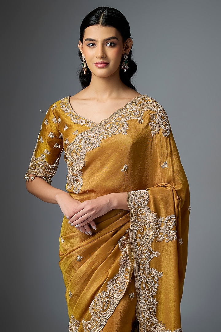 Gold Tissue Embroidered Reception Saree Set by Kalighata at Pernia's Pop Up Shop