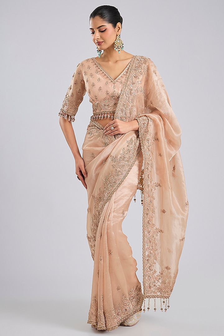 Peach Tissue Reception Saree Set by Kalighata at Pernia's Pop Up Shop