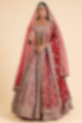 Red Raw Silk Bridal Lehenga Set by Kalighata at Pernia's Pop Up Shop