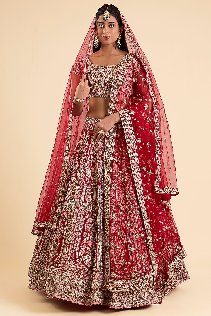 Red Raw Silk Bridal Lehenga Set by Kalighata at Pernia's Pop Up Shop