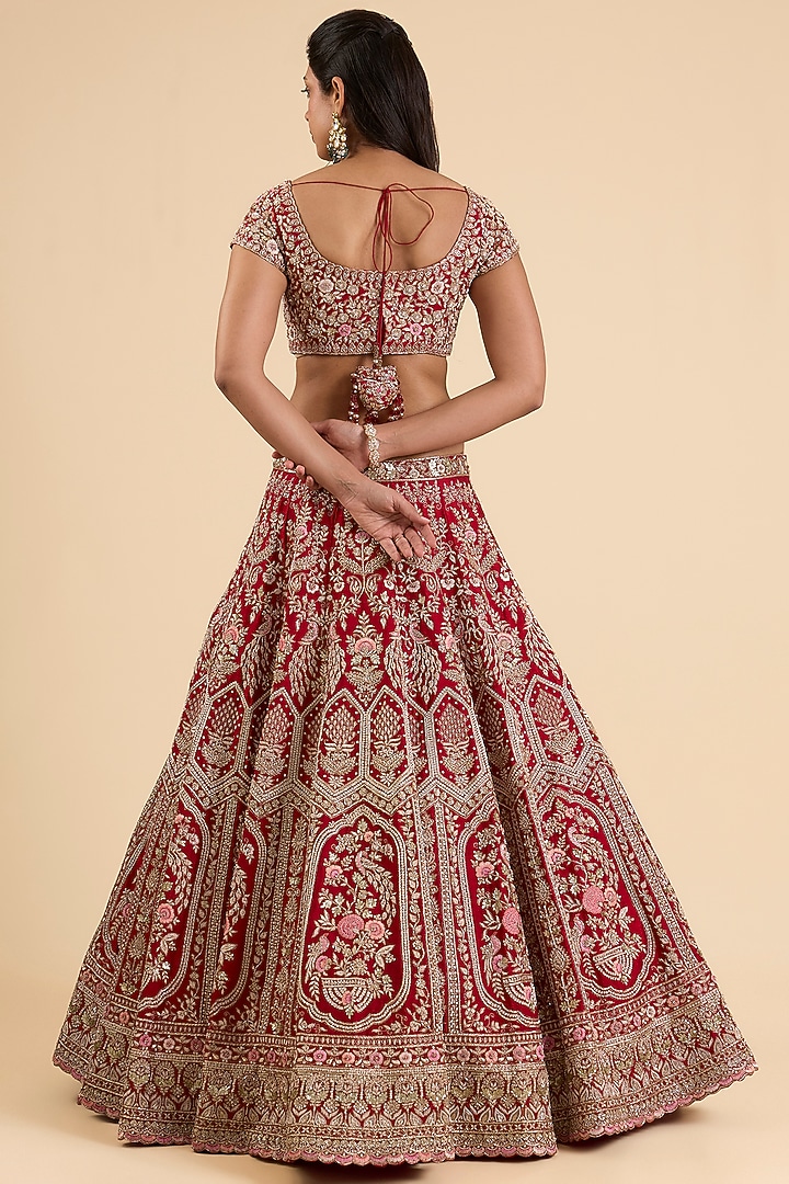 Red Raw Silk Bridal Lehenga Set by Kalighata at Pernia's Pop Up Shop