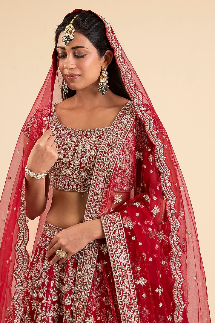 Red Raw Silk Bridal Lehenga Set by Kalighata at Pernia's Pop Up Shop