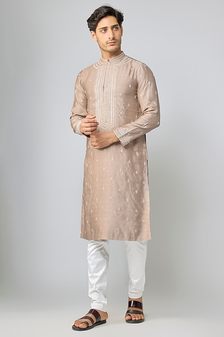 Grey Silk & Chanderi Embroidered Kurta Set by Kalighata Men at Pernia's Pop Up Shop