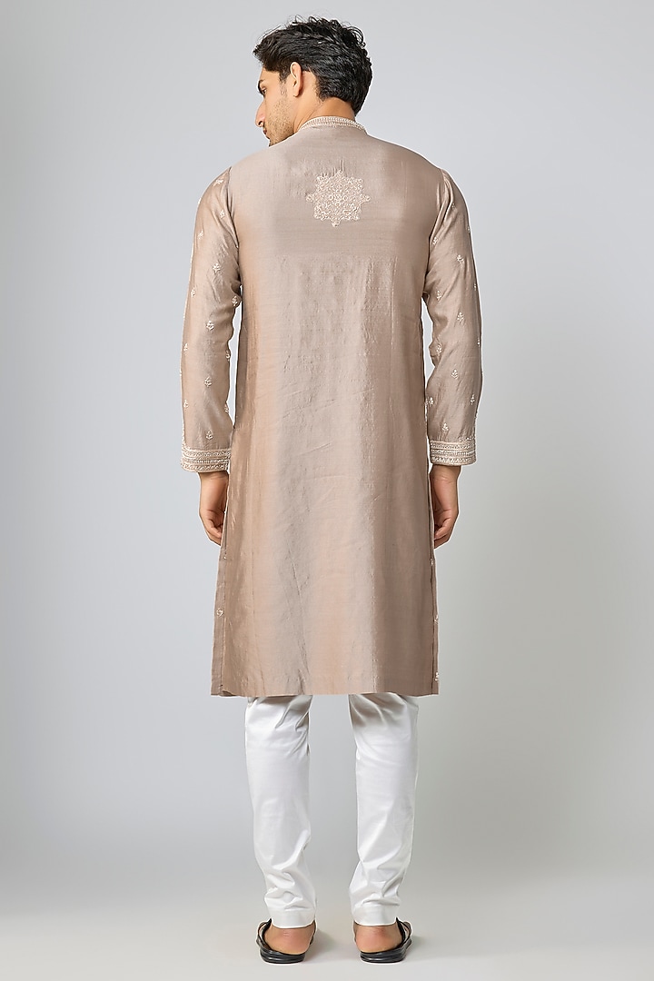 Grey Silk & Chanderi Embroidered Kurta Set by Kalighata Men at Pernia's Pop Up Shop