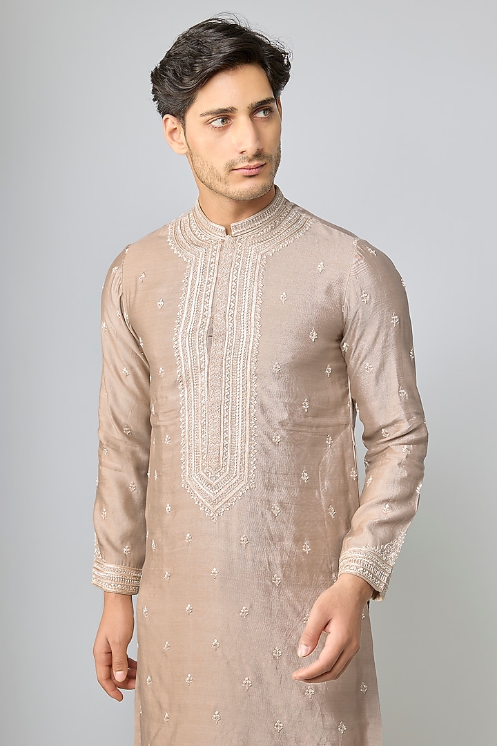 Grey Silk & Chanderi Embroidered Kurta Set by Kalighata Men at Pernia's Pop Up Shop