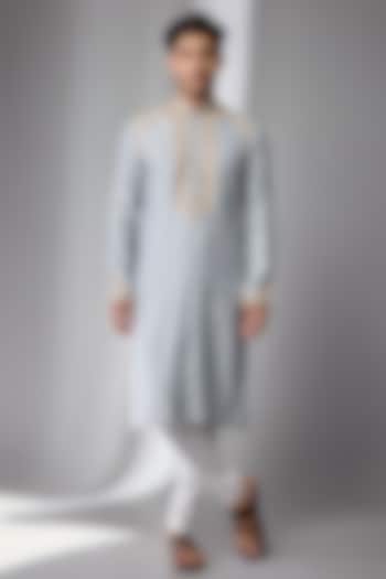 Ice Blue Silk Chanderi Kurta Set by Kalighata Men at Pernia's Pop Up Shop