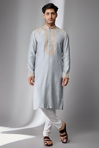 Ice Blue Silk Chanderi Kurta Set by Kalighata Men