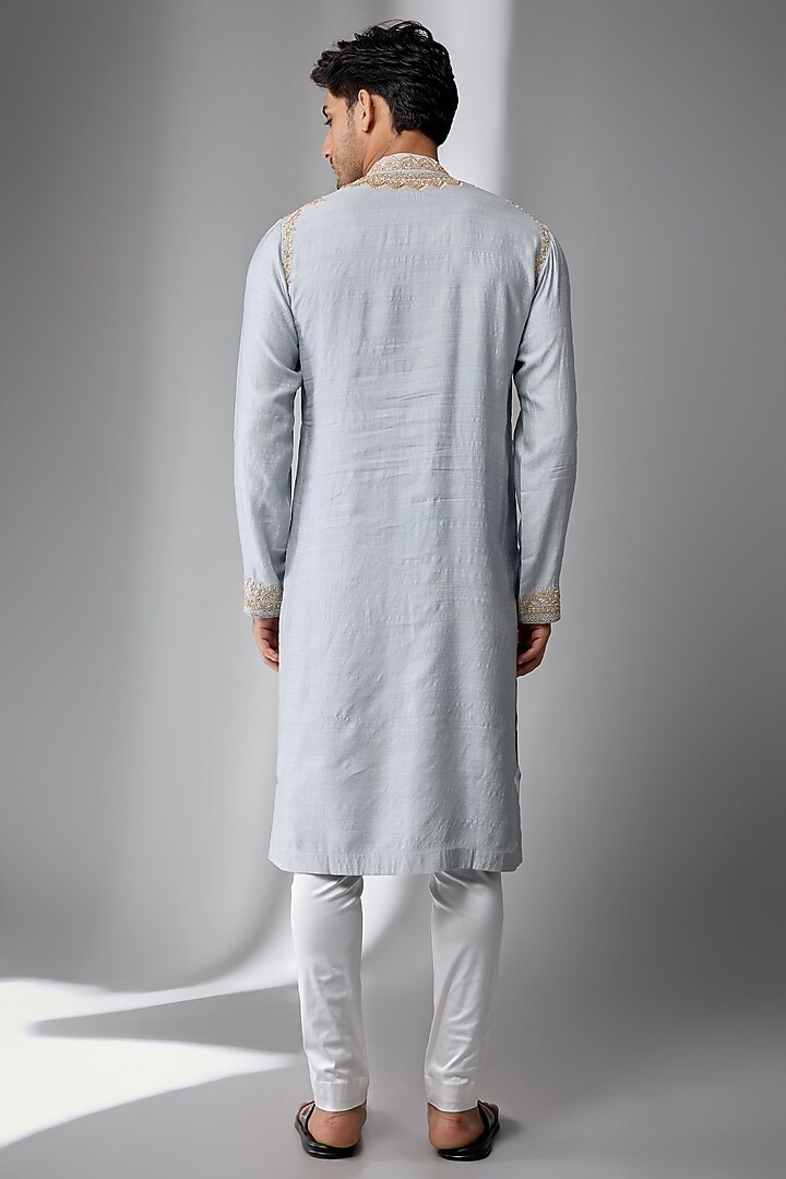 Ice Blue Silk Chanderi Kurta Set by Kalighata Men at Pernia's Pop Up Shop