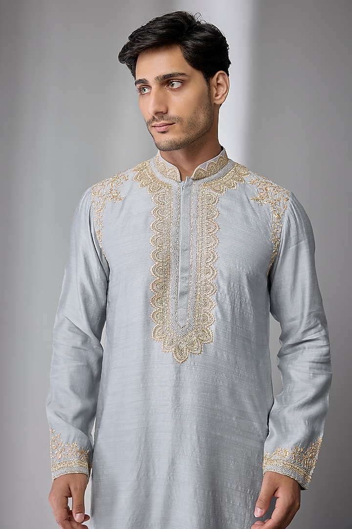 Ice Blue Silk Chanderi Kurta Set by Kalighata Men at Pernia's Pop Up Shop