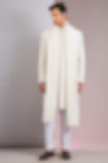 Ivory Raw Silk Groom Sherwani Set by Kalighata Men at Pernia's Pop Up Shop