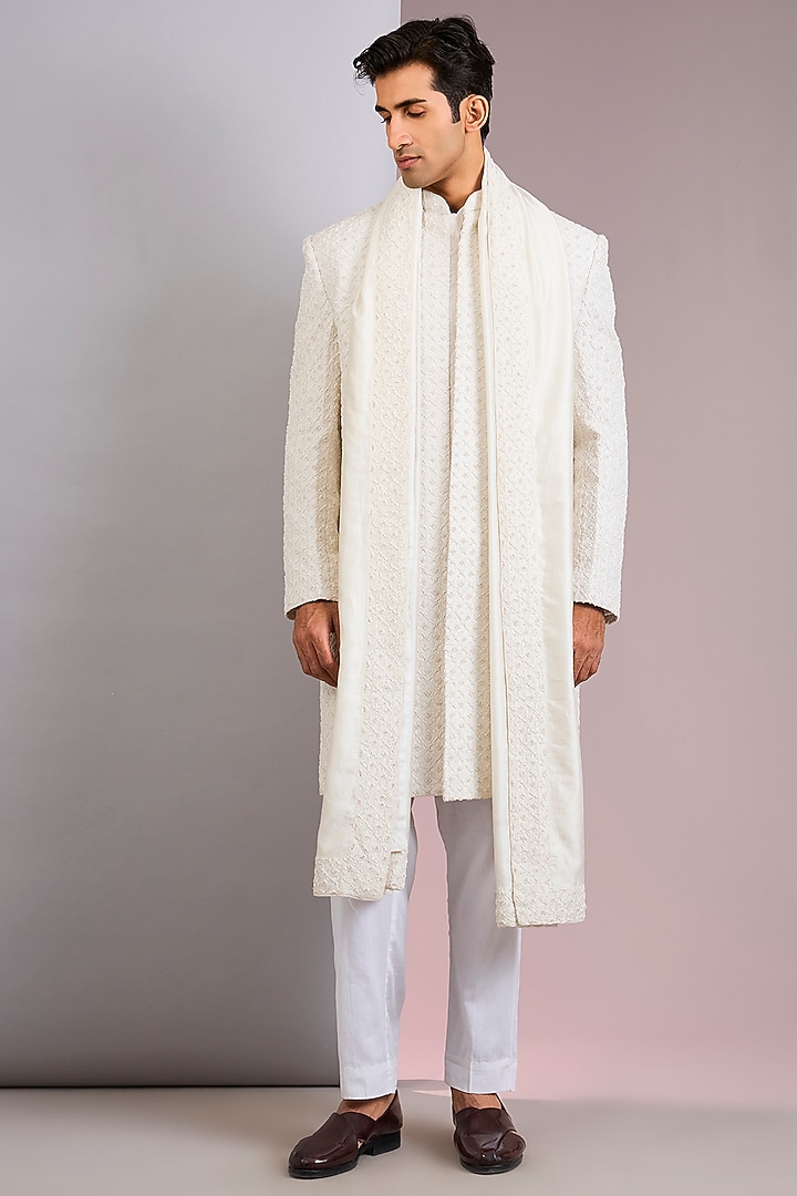 Ivory Raw Silk Groom Sherwani Set by Kalighata Men at Pernia's Pop Up Shop