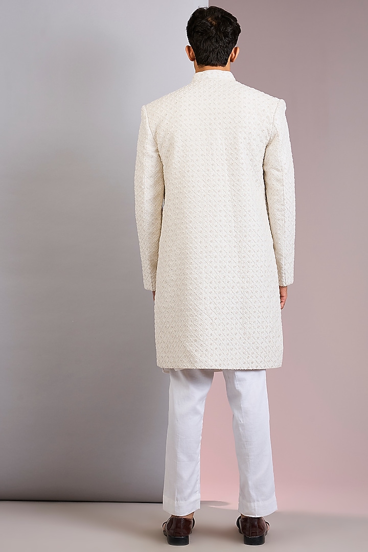 Ivory Raw Silk Groom Sherwani Set by Kalighata Men at Pernia's Pop Up Shop