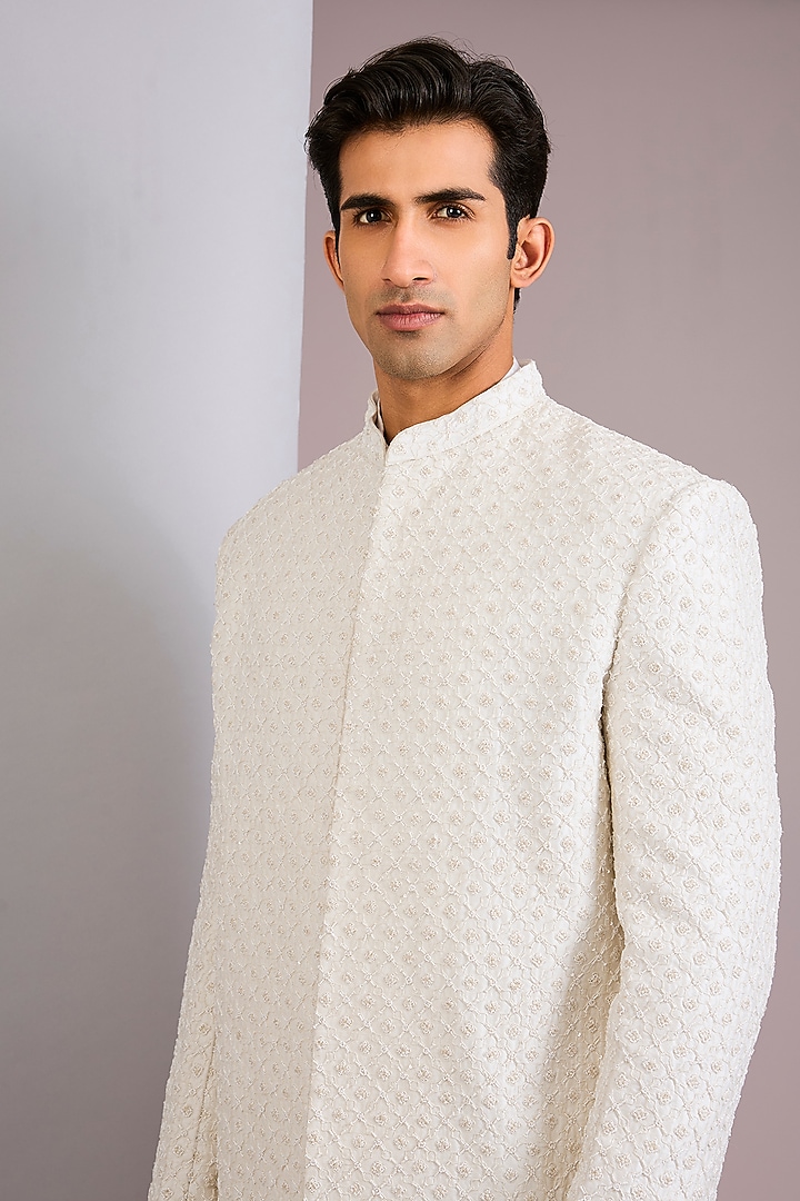 Ivory Raw Silk Groom Sherwani Set by Kalighata Men at Pernia's Pop Up Shop