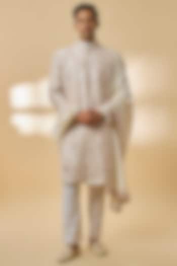 Sandalwood-Colored Dupion Silk Zardosi Embroidered Groom Sherwani Set by Kalighata Men at Pernia's Pop Up Shop