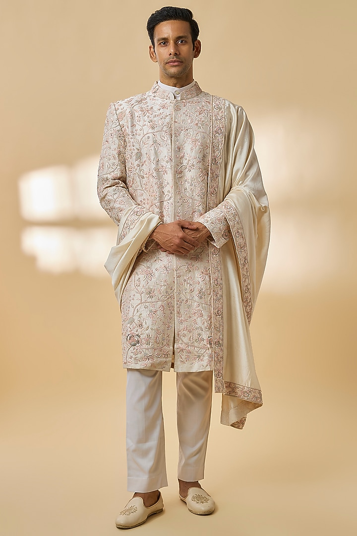 Sandalwood-Colored Dupion Silk Zardosi Embroidered Groom Sherwani Set by Kalighata Men at Pernia's Pop Up Shop