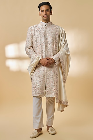 Sandalwood-Colored Dupion Silk Zardosi Embroidered Sherwani Set by Kalighata Men