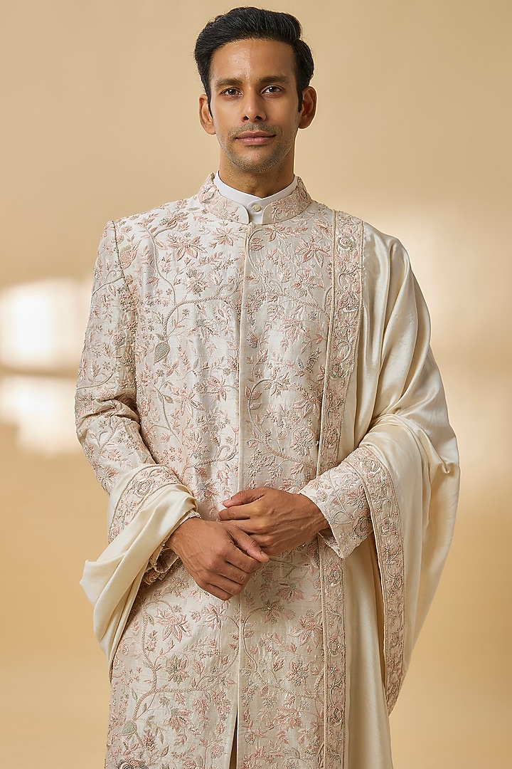 Sandalwood-Colored Dupion Silk Zardosi Embroidered Groom Sherwani Set by Kalighata Men at Pernia's Pop Up Shop