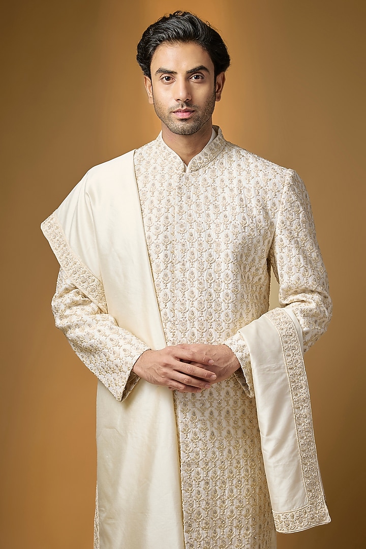 Ivory Groom Sherwani Set by Kalighata Men at Pernia's Pop Up Shop