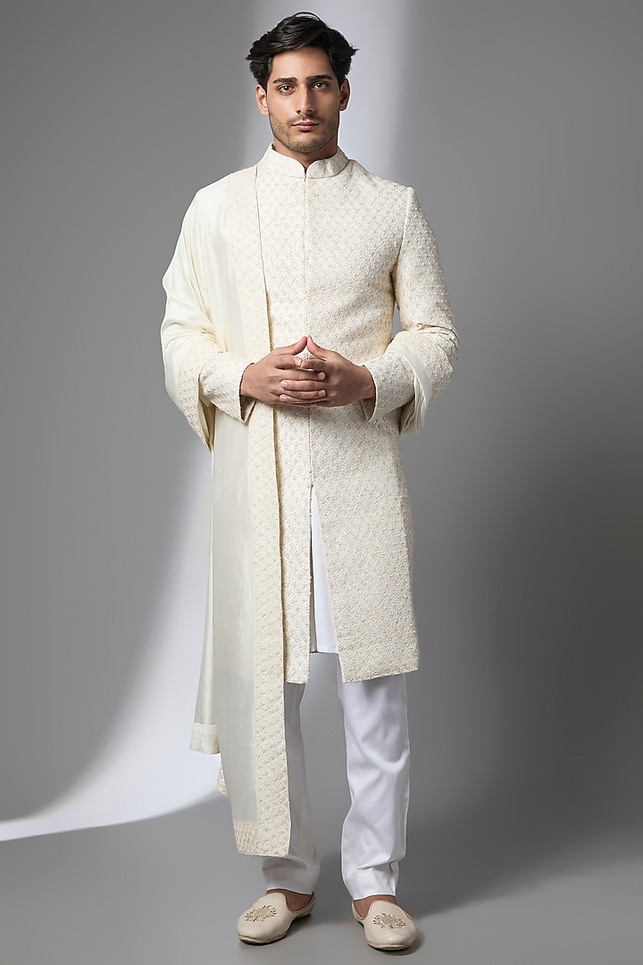 Ivory Dupion Silk Groom Sherwani Set by Kalighata Men at Pernia's Pop Up Shop