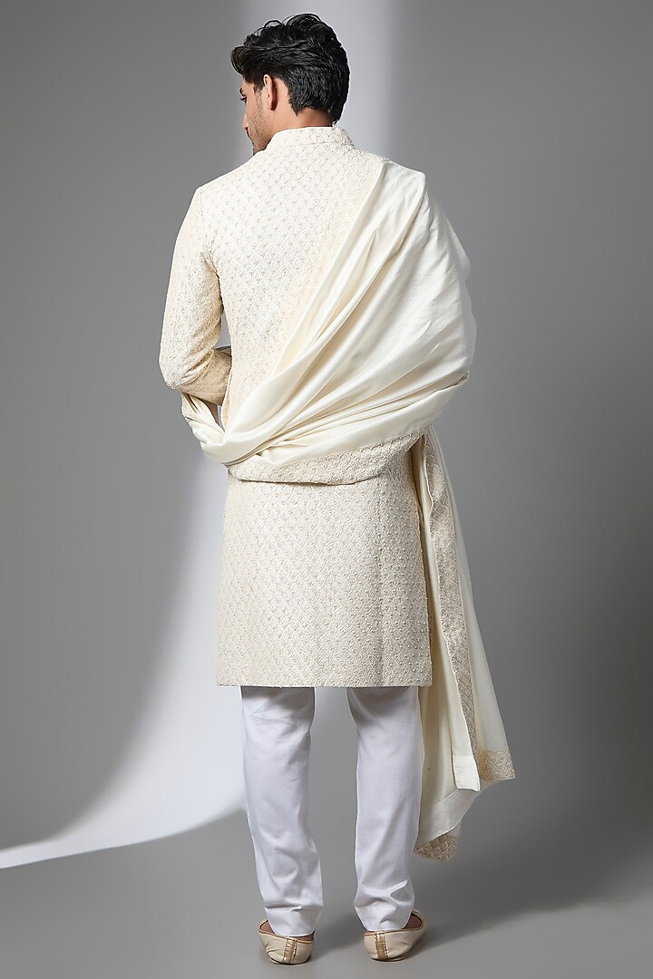 Ivory Dupion Silk Groom Sherwani Set by Kalighata Men at Pernia's Pop Up Shop