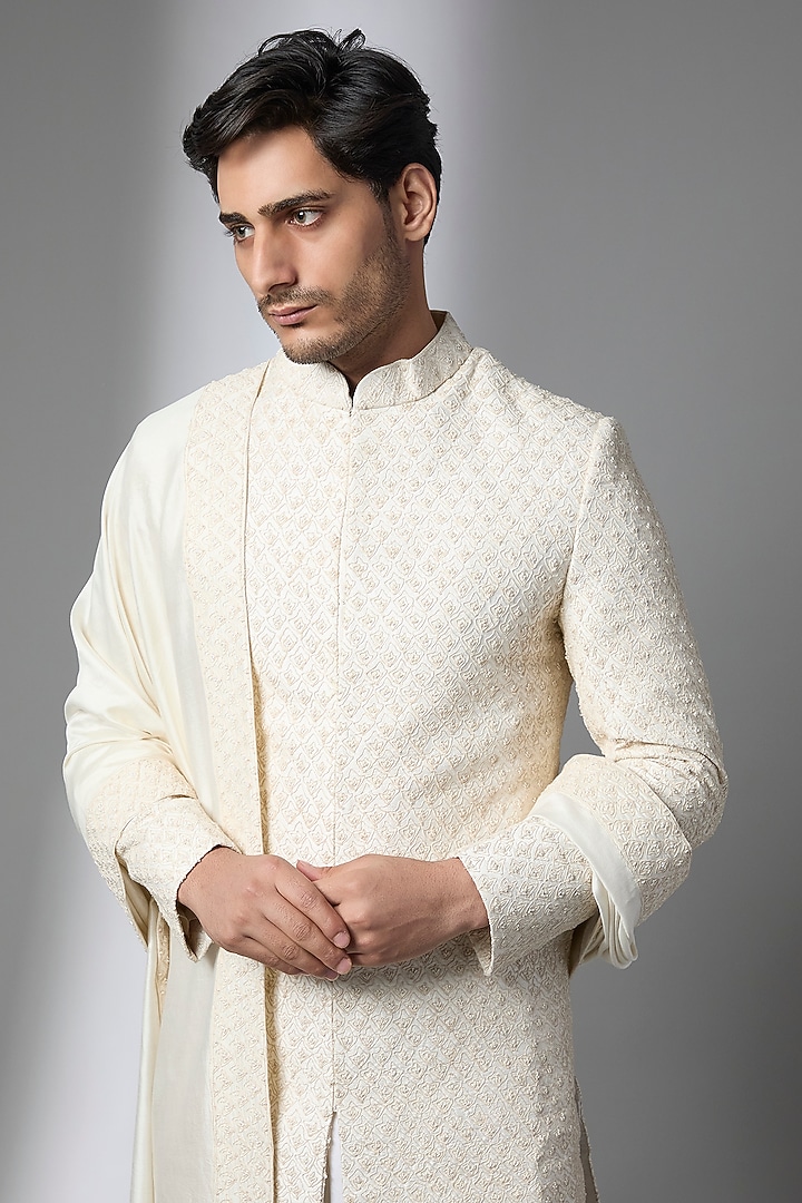 Ivory Dupion Silk Groom Sherwani Set by Kalighata Men at Pernia's Pop Up Shop