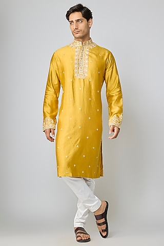Mustard Silk & Chanderi Embroidered Kurta Set by Kalighata Men