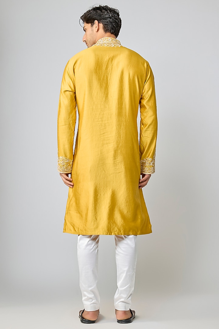 Mustard Silk & Chanderi Embroidered Kurta Set by Kalighata Men at Pernia's Pop Up Shop