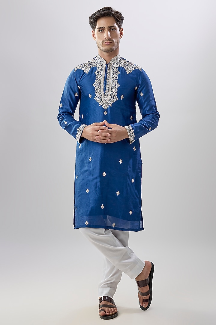 Blue Silk Chanderi Kurta Set by Kalighata Men at Pernia's Pop Up Shop