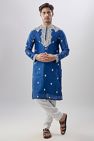 Blue Silk Chanderi Kurta Set by Kalighata Men