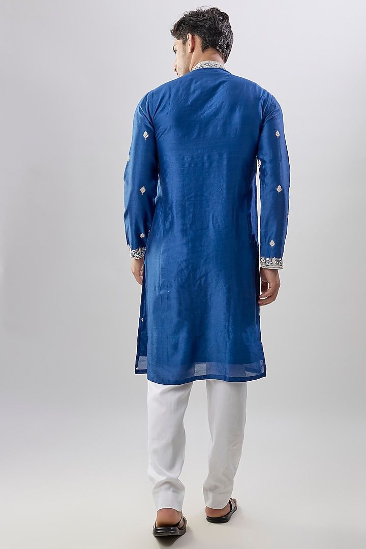 Blue Silk Chanderi Kurta Set by Kalighata Men at Pernia's Pop Up Shop