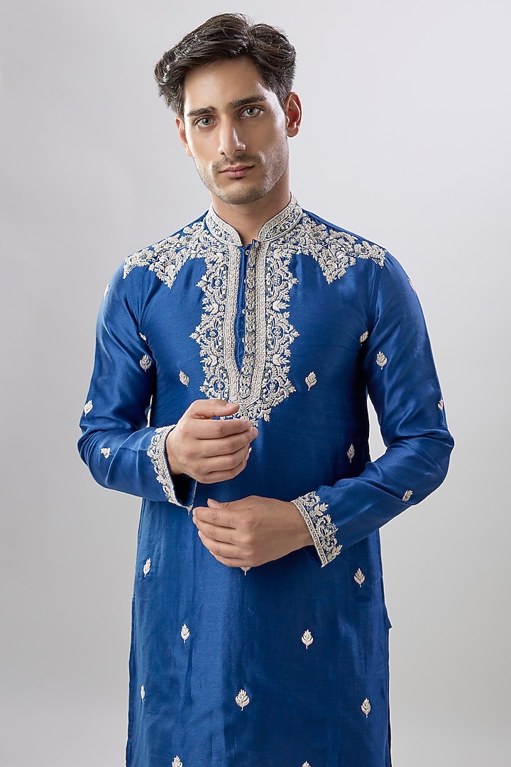 Blue Silk Chanderi Kurta Set by Kalighata Men at Pernia's Pop Up Shop