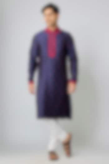 Navy Blue Silk & Chanderi Embroidered Kurta Set by Kalighata Men at Pernia's Pop Up Shop