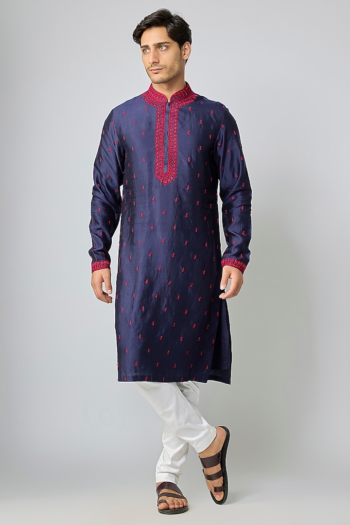 Navy Blue Silk & Chanderi Embroidered Kurta Set by Kalighata Men at Pernia's Pop Up Shop