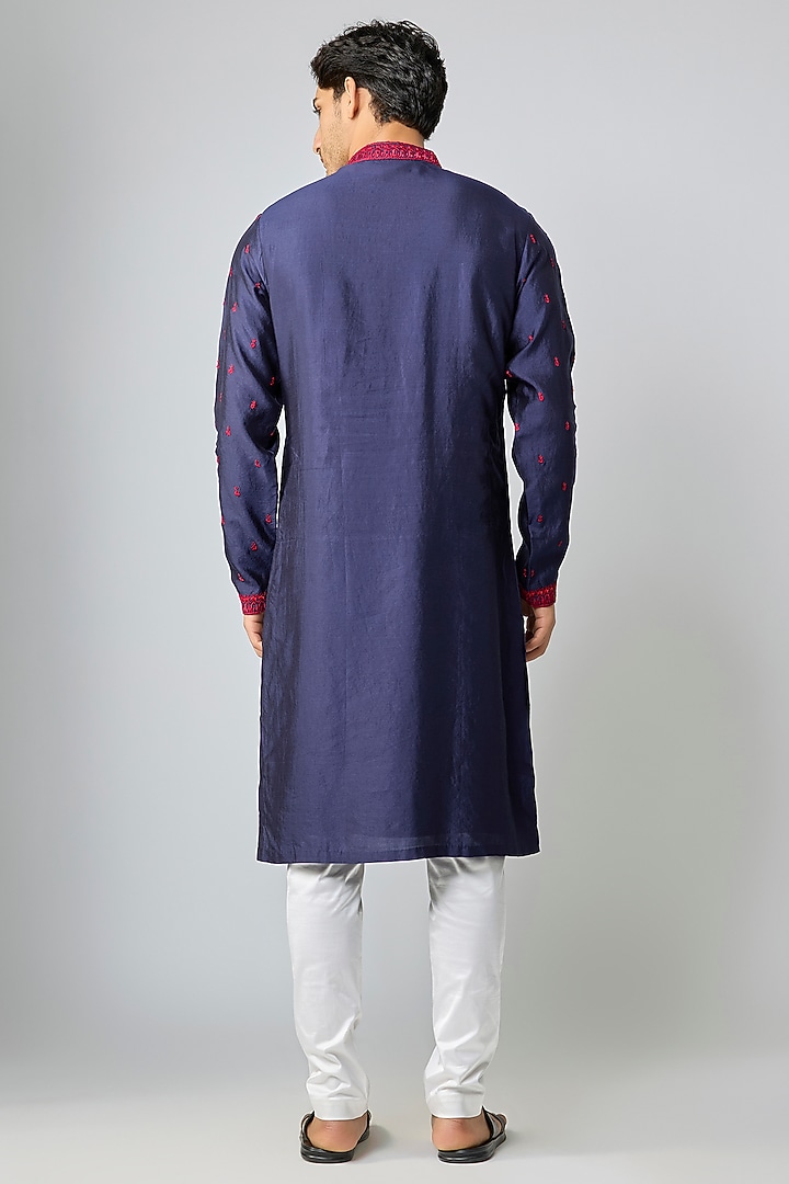 Navy Blue Silk & Chanderi Embroidered Kurta Set by Kalighata Men at Pernia's Pop Up Shop