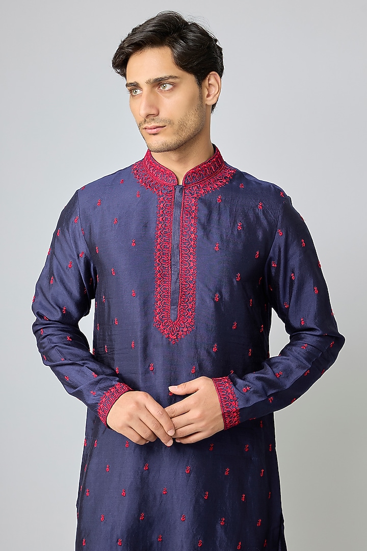 Navy Blue Silk & Chanderi Embroidered Kurta Set by Kalighata Men at Pernia's Pop Up Shop