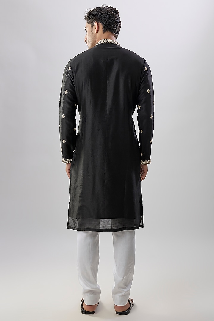 Black Silk Chanderi Kurta Set by Kalighata Men at Pernia's Pop Up Shop