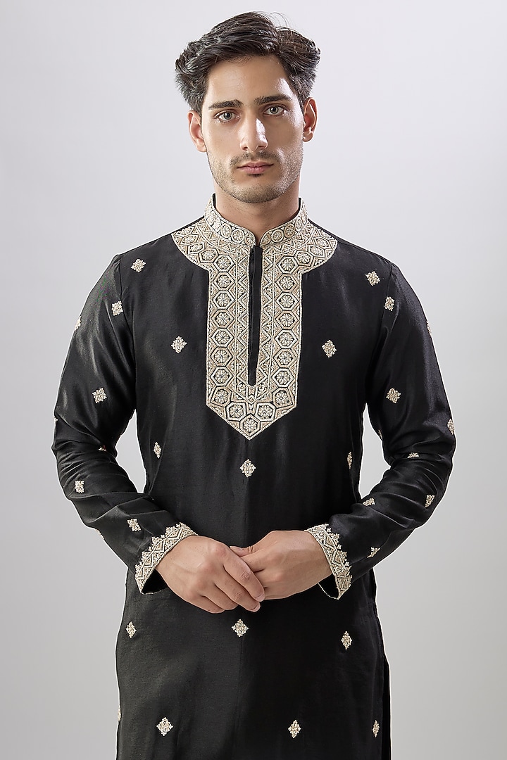 Black Silk Chanderi Kurta Set by Kalighata Men at Pernia's Pop Up Shop