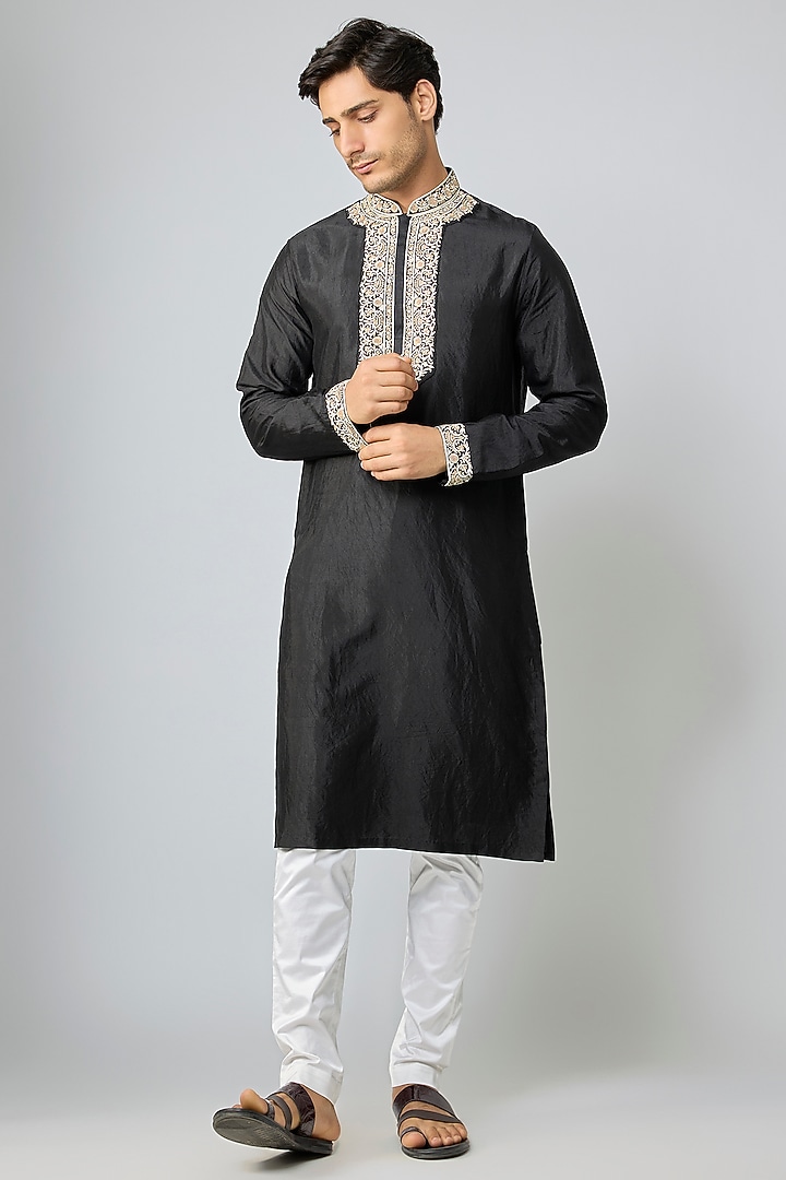 Black Silk & Chanderi Embroidered Kurta Set by Kalighata Men at Pernia's Pop Up Shop