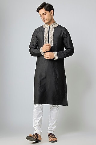 Black Silk & Chanderi Embroidered Kurta Set by Kalighata Men