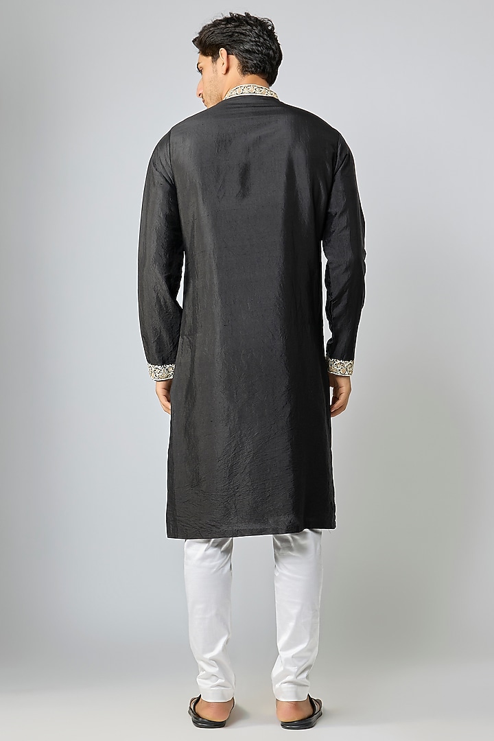 Black Silk & Chanderi Embroidered Kurta Set by Kalighata Men at Pernia's Pop Up Shop