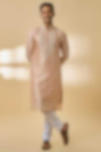 Dull Peach Silk Chanderi Kurta Set by Kalighata Men at Pernia's Pop Up Shop