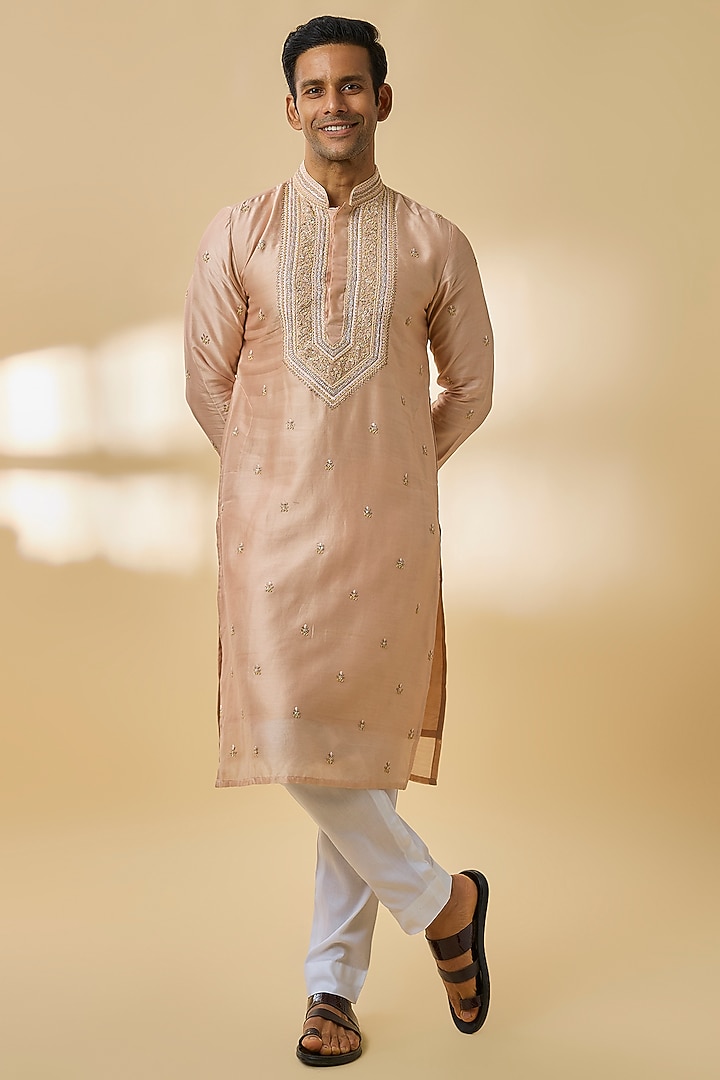 Dull Peach Silk Chanderi Kurta Set by Kalighata Men at Pernia's Pop Up Shop