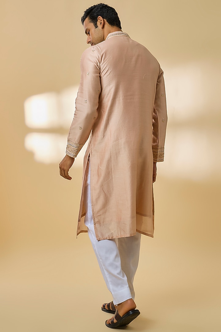 Dull Peach Silk Chanderi Kurta Set by Kalighata Men at Pernia's Pop Up Shop